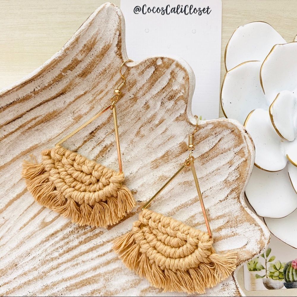 Boho Macrame Tassel Drop Hoop Earrings NWT